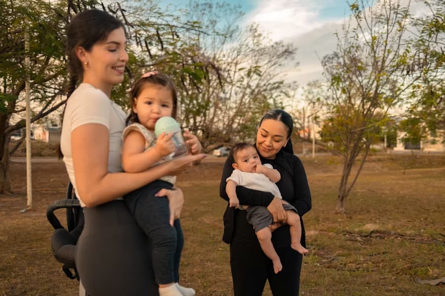 Neighbour mums with babies in park